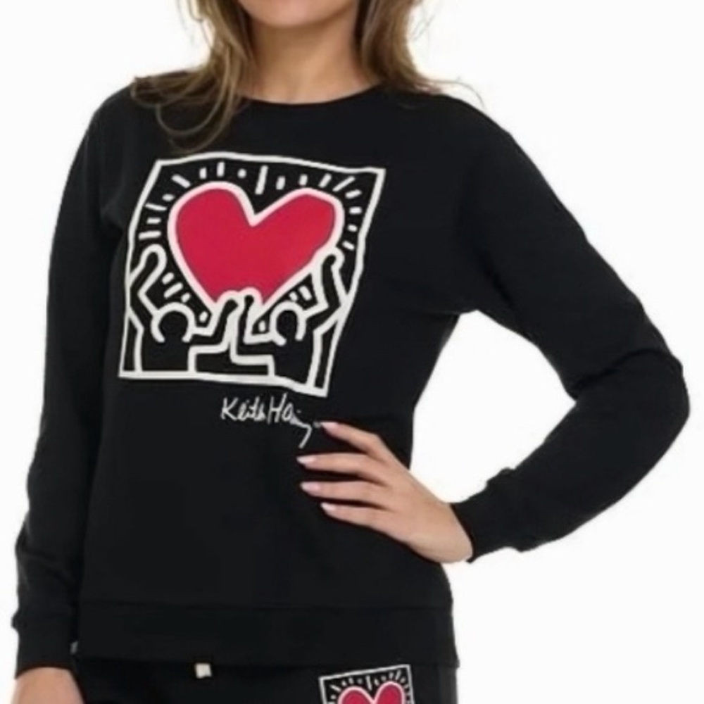 Keith Haring Women's Pullover Sweatshirt Dancing‎ Heart Black Medium